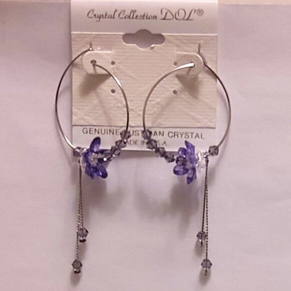 NEW Genuine Purple Austrian Crystal Floral Hoop Earrings 30mm Women Jewelry - Picture 2 of 7